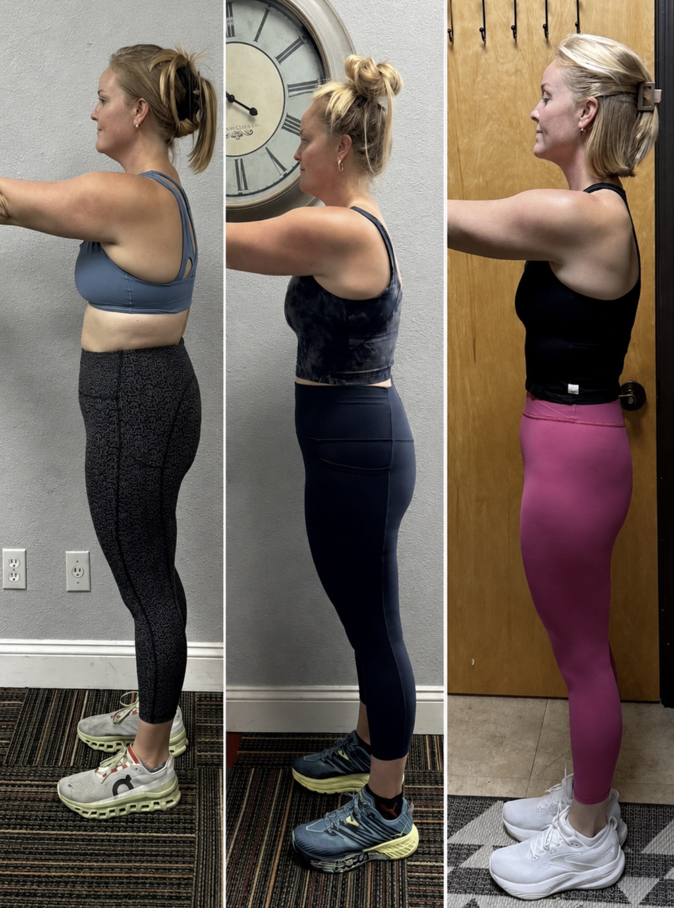 Side-by-side progress photos of Michelle showing posture and body composition changes over several months